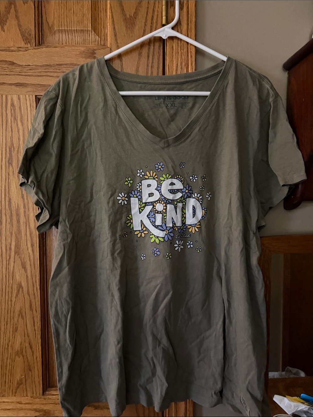Life Is Good Olive V-Neck "Be Kind" Floral Graphic Tee